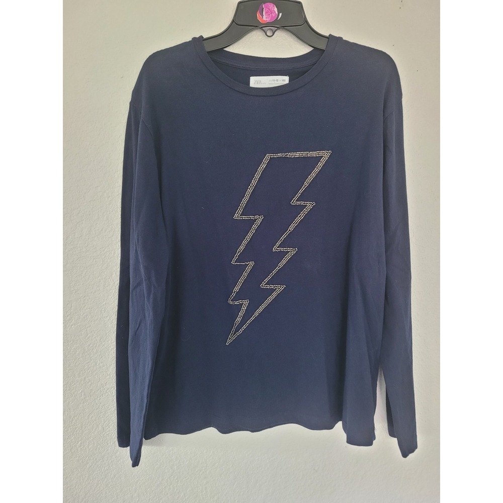 Zara Kids Navy Blue Beaded Lightning Bolt Long Sleeve Longer Tee Size 11-12 #8